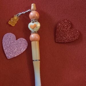 Heart Charm Beaded Pen - Orange and Cream
